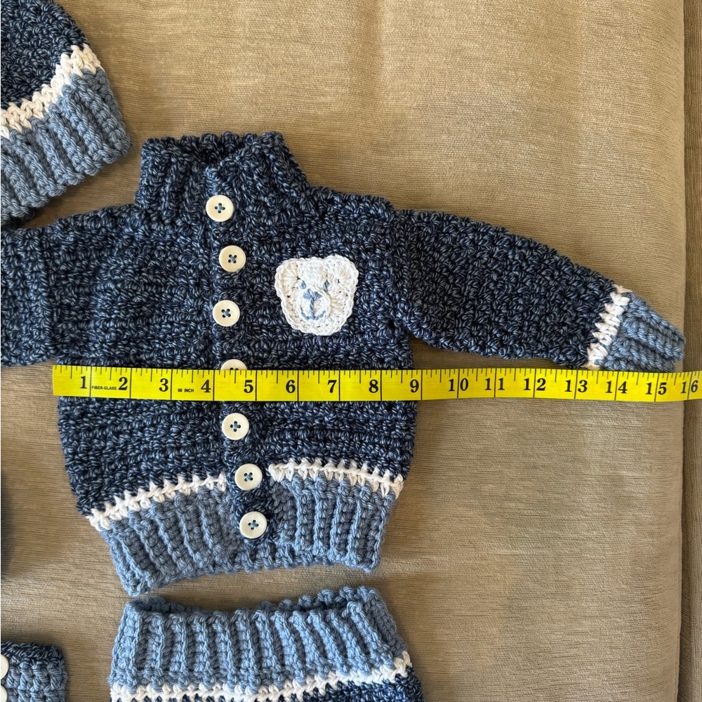 Handmade Crochet Baby Boy Outfit Set Navy Blue & Gray Sweater Hat Booties 0–3 - Picture 6 of 10
